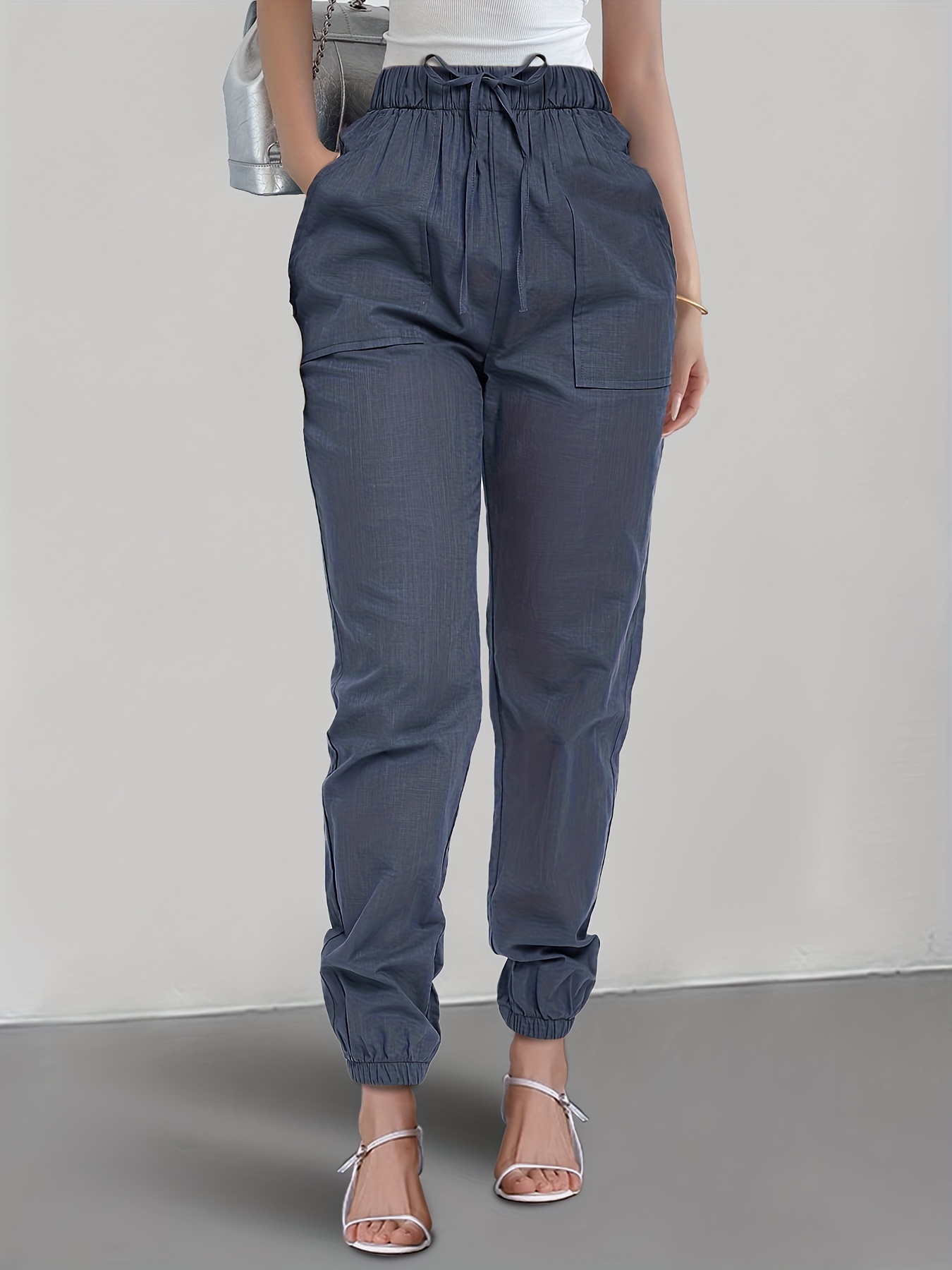 solid drawstring patched pockets pants casual sporty pants for spring summer womens clothing details 10