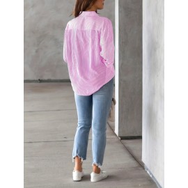 Women's Loose Striped Blouse, Crew Neck Long Sleeve Blouse, Casual Every Day Blouse, Women's Clothing