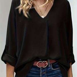 Tucked Rollable Sleeve Blouse, Casual V Neck Simple Blouse, Women's Clothing