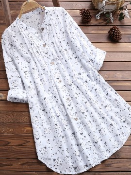 Floral Print Pleated V-neck Long Blouses, Casual Loose Button Down Long Sleeve Fashion Long Shirts Tops, Women's Clothing