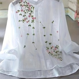 Eyelet Floral Blouse, Elegant Button Front Blouse For Spring & Summer, Women's Clothing