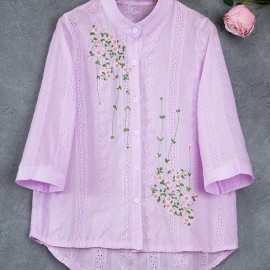 Eyelet Floral Blouse, Elegant Button Front Blouse For Spring & Summer, Women's Clothing