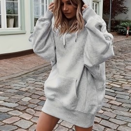 Solid Color Kangaroo Pocket Hoodie, Casual Long Sleeve Thigh Length Drawstring Hoodie Sweatshirt, Women's Clothing