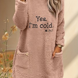 Letter Print Patched Pockets Sweatshirt, Casual Drop Shoulder Button Decor Plush Sweatshirt, Women's Clothing