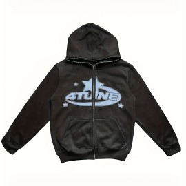 Y2K Letter & Star Print Sweatshirt, Long Sleeve Crew Neck Zip Up Hoodies Sweatshirts, Women's Clothing