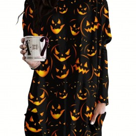 Cat Print Crew Neck Baggy Dress, Casual Long Sleeve Pocket Dress For Spring & Fall, Women's Clothing