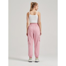 Solid Jogger Cargo Pants 2 Pack, Casual Flap Pocket Elastic Waist Pants, Women's Clothing