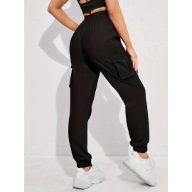 Solid Jogger Cargo Pants 2 Pack, Casual Flap Pocket Elastic Waist Pants, Women's Clothing