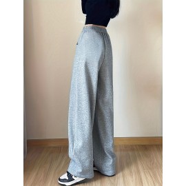 Solid Elastic High Waist Sweatpants, Casual Sporty Wide Leg Pants With Pocket, Women's Clothing