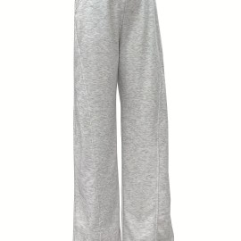 Solid Elastic High Waist Sweatpants, Casual Sporty Wide Leg Pants With Pocket, Women's Clothing