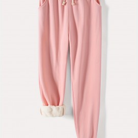 Solid Drawstring Thermal Sweatpants, Versatile Loose Comfy Jogger Pants, Women's Clothing