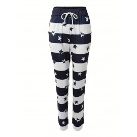 Striped & Star Print Drawstring Pants, Casual Pants For Spring & Summer, Women's Clothing